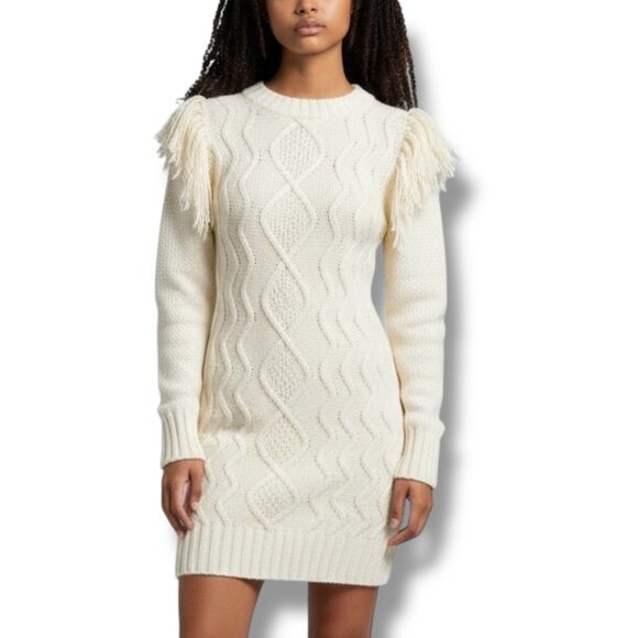 Eliza J Size XS Ivory Fringe Shoulder Cable Knit Sweater Dress Boho Cowgirl - Picture 1 of 7
